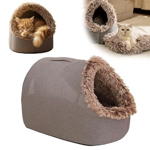 Winter Warm Pet Cave Bed, 2026 New Soft Plush Cozy Indoor Nest for Cats and Small Dogs, Removable Cushion Warming Pets Cozy Enclosed Cat House with Non-Slip Bottom for Winter (Brown, Medium)