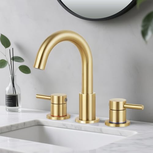 Bathroom Faucet 3 Hole, Brushed Gold Bathroom Sink Faucet with Po...
