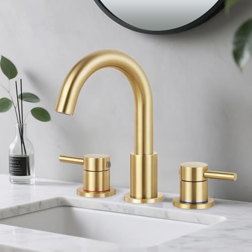 IUERASD Bathroom Faucet 3 Hole, Brushed Gold Bathroom Sink Faucet with Pop Up Drain, 8 inch Widespread Bathroom Faucet with 360° Swivel Spout, 2 Handle Vanity Faucet with Water Supply Hoses