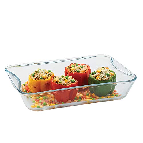 Image of Borosil 2.5 L Baking & Serving Dish with Handle | Bowl Container | Borosilicate Glass Bakeware and Serveware Casserole Dish Tray | Microwave, Oven & Dishwasher Safe | Transparent (Rectangle 2.5L)