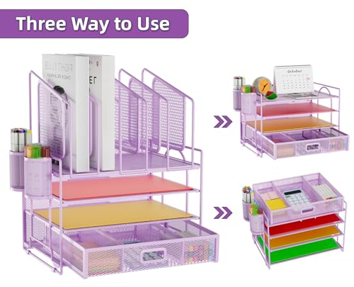 Image of Marbrasse Desk Organizers, 4-Tier Mesh Desk File Organizer with 5 Vertical File Holders and 2 Pen Holders, Multifunction Desktop Organizer,Desk Organizers and Accessories for Home Office (Purple)