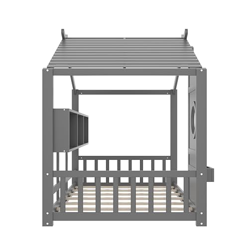 Image of Twin Size Floor House Bed with Roof and Window for Kids, Wooden Playhouse Bed with Storage Shelves for Bedroom Furniture Girls & Boys (Gray /L2, Twin)