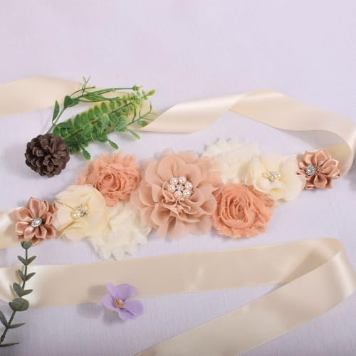 Flower Maternity Sash Belt, Wedding Bridal Belt Sash with Flower Rhinestone Pearl for Bride Bridesmaid Maternity Flower Dress (E)2