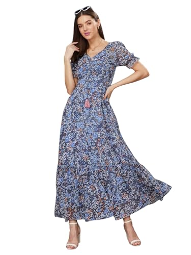 Image of Miss Chase Women's Multicolored-Base-Brown Relaxed Fit Maxi Lurex Chiffon Dress