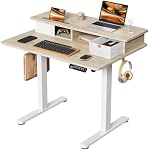 JOY worker Small Electric Standing Desk, 35" x 25" Height Adjustable Desk with Built-in Monitor Stand & Storage Drawer, White Sit Stand Desk with 2 Hooks for Home Office, Light Walnut