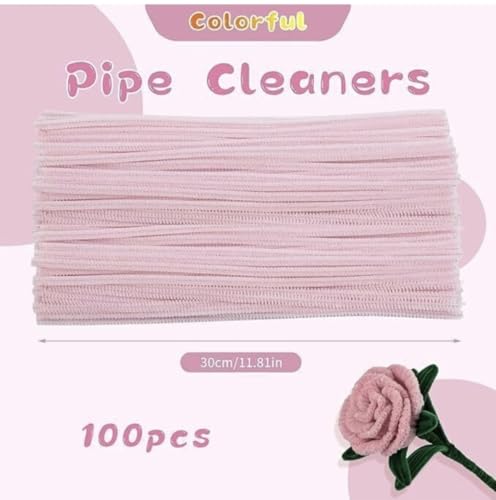 Image of 100 Pieces Pastel Light Pink Pipe Cleaner Craft Set, Chenille Stem Pipe Cleaners for DIY Craft Projects and Decorations
