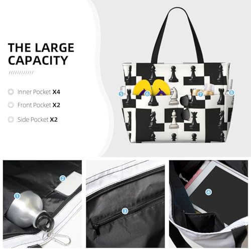 Large Beach Bags for Women Sandproof - Chess Black White Print Summer Travel Work Tote Bags with Zipper3