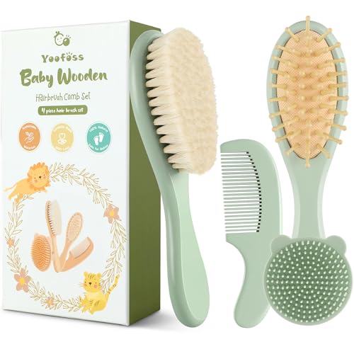 Image of Yoofoss 4 Piece Baby Hair Brush and Comb Set，Wooden Baby Hair Brush with Natural Ultra Soft Goat Hair, Baby Comb Set for Boy, Girl - Green