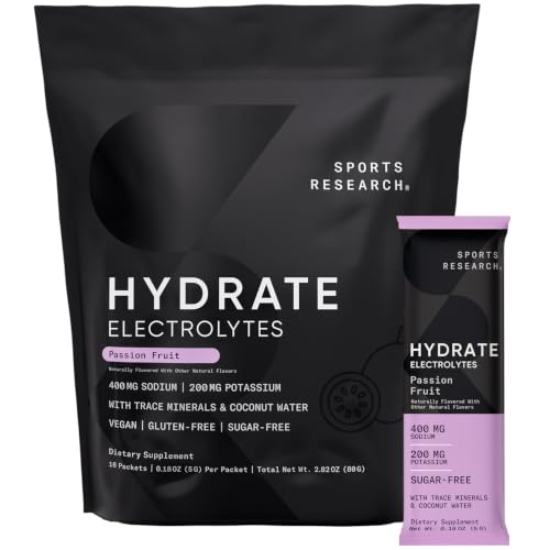 Image of Sports Research Hydrate Electrolytes Powder Packets - Sugar-Free & Naturally Flavored with Vitamins, Minerals, and Coconut Water - Supports Hydration - 16 Packets - Passion Fruit