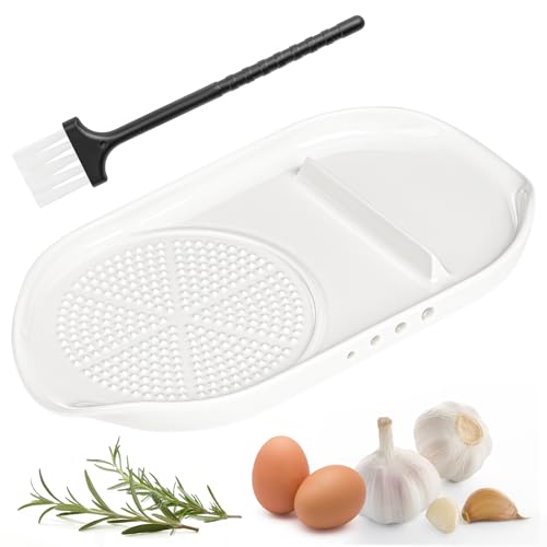 Luvan 4-in-1 Ceramic Garlic Grater Plate Spoon Rest Egg Cracker Herb Stripper Tool for Kitchen with Brush & Silicone Pad Spoon Holder for Stove Top Grinding Ginger Onion Spices Cheese Dishwasher Safe