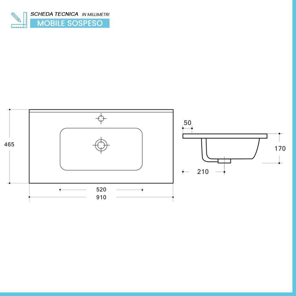 Mobile bagno sospeso 90 cm verde satinato con lavabo ad incasso in ceramica, 2 cassetti con chiusura soft-close, Linea GAYA