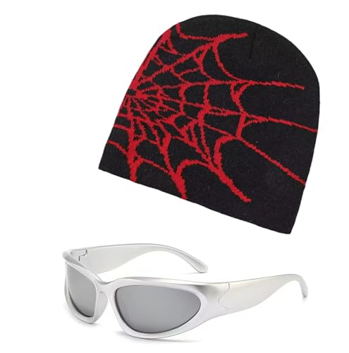 Atvscay Women Beanie Hat with Technology Feeling Y2k Glasses Beanie Hip Hop Knitted Letter Jacquard Hat Elastic Skull Cap, Spider Red, L/XXL