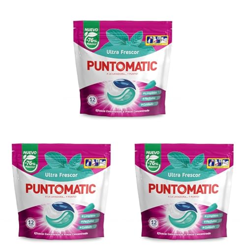 PUNTOMATIC | Cápsulas Tricámara Frescor | Detergente Lavadora para Ropa Blanca y de Color | Quitamanchas | 12 lavados (Paquete de 3)