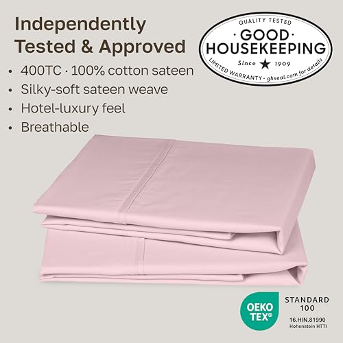 Image of California Design Den King Size Pillowcase Set - 400 Thread Count, 100% Cotton Sateen, Set of 2 Pillow Covers, Soft and Breathable - Pink
