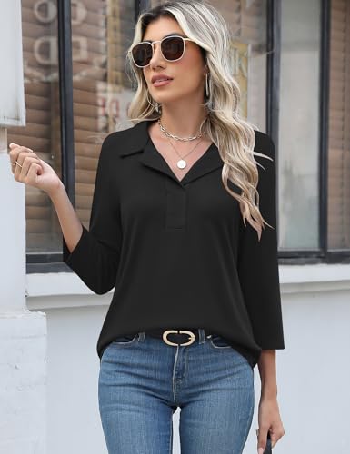 LUYAA Womens Polo Shirts 3/4 Length Sleeve Tops Collar V Neck Business Casual Blouses2
