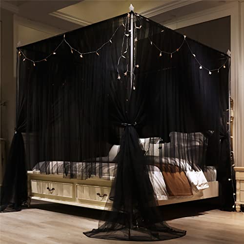 VETHIN 4 Corners Post Princess Bed Canopy Curtain Double Layer Cozy Drape Netting 4 Opening Mosquito Net for Girls & Adults Bedroom Decoration Accessories (Double Black, 53\" W*78\" L*82\"*H/(Full))