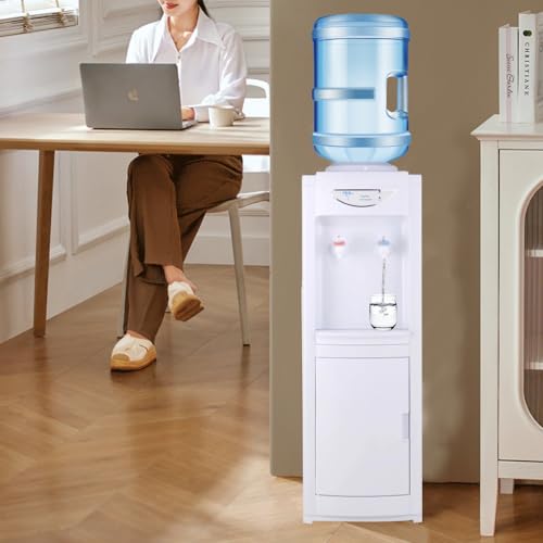 Water Cooler Dispenser for 5 Gallon Bottle, Hot&Cold Top Loading Water Dispenser, Freeding Standing Cooler with Child Safety Lock Removable Drip Tray & Storage Cabinet for Indoor Home,Office (White)