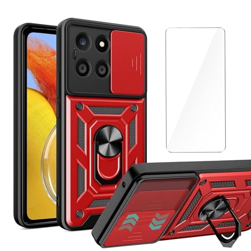 Cover per Motorola Edge 50 Neo 6.4 + 1 x Pellicola Protettiva in Vetro Temperato - Custodia antiurto con Staffa Ruotabile a 360° Doppio strato PC + Case rosso tpu