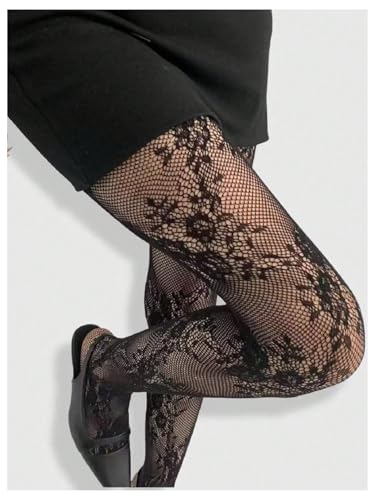 Image of RoseSeek Women's Floral Lace Fishnet Tights Kawaii Y2K See Through Stocking | Sheer Mesh, Lace Tights, Floral Lace Fishnet Tights, Thigh Highs, Leggings, Y2K Stockings