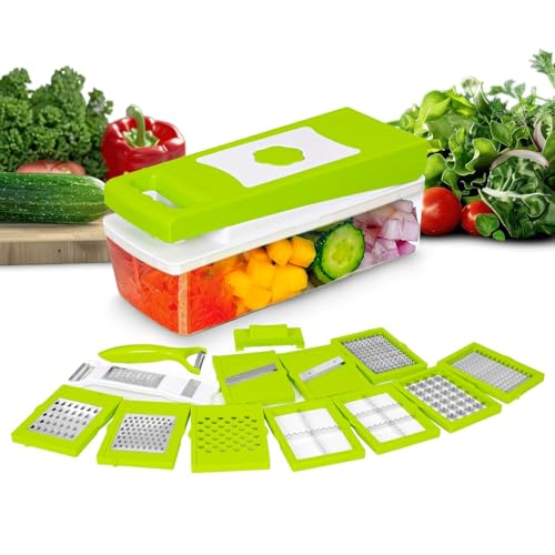 Tekcool 15 in 1 Multipurpose Chopper, Fruits & Vegetable Cutters, Grater Peeler Chipser, Unbreakable Food Grade Body, Easy Push to Clean Button Slicer Dicer, Chopper for Kitchen (Green, Plastic)