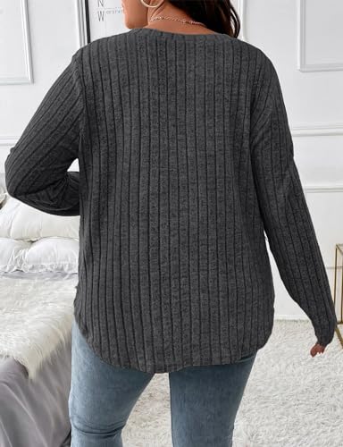 Image of Koscacy Women Plus Size Casual Knit Sweater V Neck Solid Color Tops Lightweight Long Sleeve Blouses