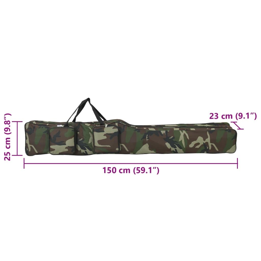 Torba wędkarska zielona, kolory maskujące, 150 cm, wykonana z tkaniny Oxford 600D z powłoką PCW, regulowany pasek na ramię, wyściełanie, organizer i ochrona wędek i akcesoriów wędkarskich