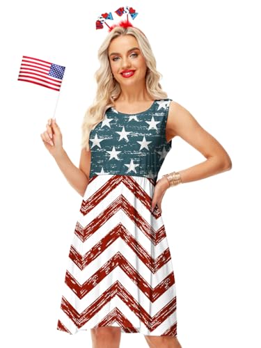 Image of Deerose 4th of July Dress for Women Sleeveless American Flag Patriotic Elastic High Waist Sundress