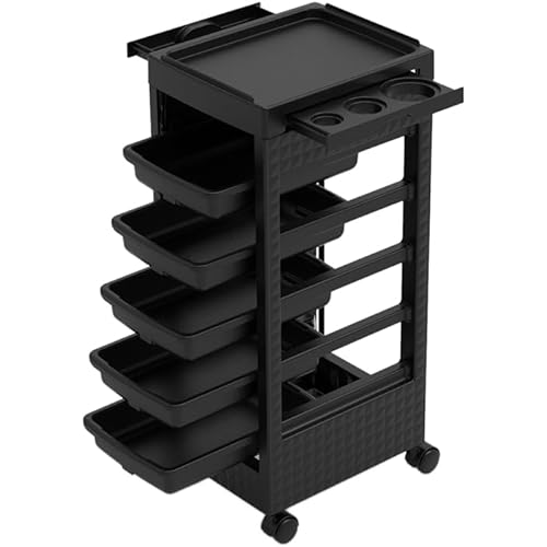 Salon Rolling Trolley on Wheels with 5 Drawers/Heat-Resistent Accessories/Stainless Steel Frame Storage Tool for Barbershop Beauty Spa and Hair Salon Beauty (Black-T27)