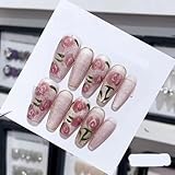 ZIIVIEVS Pink Mist Rose Handmade Wearing Nail, Gentle and Soft Crystal Cat Eye Hand Painted Detachable Nail Beauty (Color : 29206, Size : S)