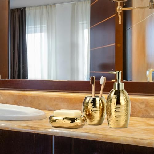 Gold Bathroom Accessory Set - 3 Piece Striped Style Decorative Ceramic Bathroom Accessories Sets with Lotion Soap Dispenser, Toothbrush Holder/Tumbler and Soap Dish, Golden Gift Set for New Home Decor by Satu Brown - Used condition - Image 4