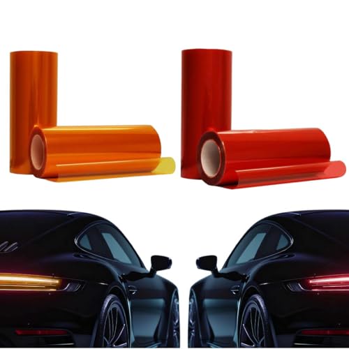2 Pcs Pellicola per Fari, 120x30cm Pellicola Fari Auto Tagliabile & Allungabile, Trasparente, Autoadesiva, Vinile Colorato, Anti-Nebbie(rosso e arancione)