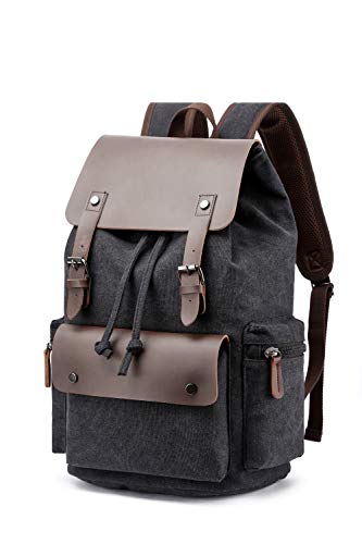 Rufun Zaino Vintage in Tela e Pelle, Grande Capacità Multi-Tasca per Università, Viaggi & Lavoro, Zaino Impermeabile per Scuola (Nero)