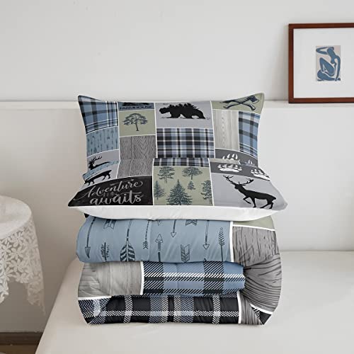 Rustic Patchwork Comforter Set, Checkered Buffalo Plaid Bedding Set For Kids Teens Adult, Woodland Wildlife Bear Moose Elk Pine Trees Pattern Printed Duvet Sets Farmhouse Decorations, Twin Size #TOP4