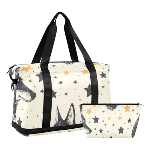 ALAZA Sports Duffel Bags with Toiletry Bag Set,Wolf and Colorful Stars Travel Duffel Bags Multi Pockets Weekend Bag2