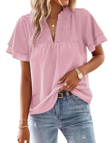 Aprolive Women Dressy V Neck Blouses Butterfly Ruffle Short Sleeve Shirts Cute Dressy Swiss Dot Trendy Tunic Top (Pink, M)