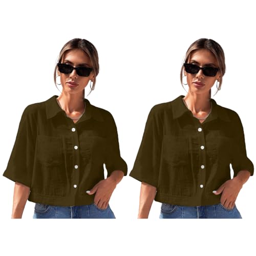 Image of TOPLOT V-Collar Solid Crop Shirt for Women with Half Sleeves, Polyester, Regular Fit