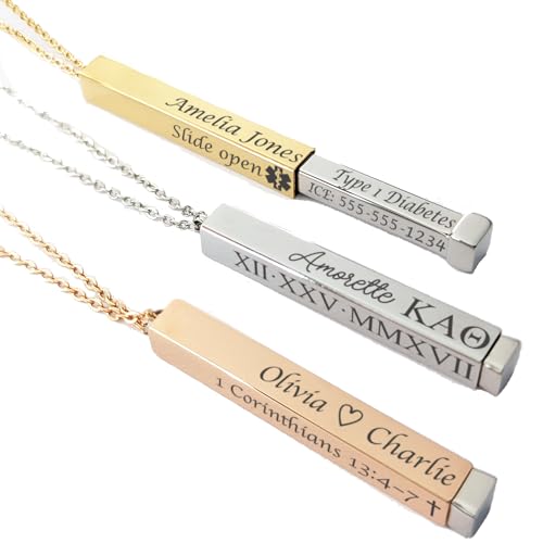 Personalized Secret Message Slide Bar Necklace Collection Custom Engraved Name, Date & Scripture Medical Alert Or Any Message You Want gift New Year's Eve jewelry
