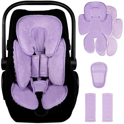 2 in 1 Infant Car Seat Insert Head and Body Support Set, Reversible Newborn Insert for Carseat with 3 Extra Strap Paddings, Soft Stroller Cushion Pillow Insert Girls, Fits for Stroller, Swing, Purple