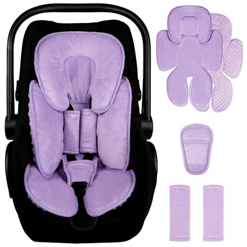 Image of 2 in 1 Infant Car Seat Insert Head and Body Support Set, Reversible Newborn Insert for Carseat with 3 Extra Strap Paddings, Soft Stroller Cushion Pillow Insert Girls, Fits for Stroller, Swing, Purple