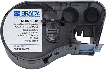 Brady M-187-1-342 Polyolefin B-342 Black on White Label Maker Cartridge, 21/64" Width x 1-1/64" Height, For BMP51/BMP53 Printers,80