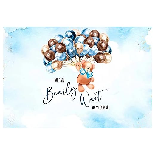 Fondo de fiesta de baby shower de oso de 7 x 5 pies, con texto en inglés We Can Bearly Wait to Meet You, fondo de fotografía de acuarela, globos de cielo azul, decoración de mesa de pasteles,