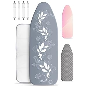 Wiaret -Thermo Reflect Bügelbrettbezug Set 120x40cm inkl. Spannclips+ Bügeltuch- mit Gummizug-für Dampfbügeleisen-extra dick gepolstert grau-weiß