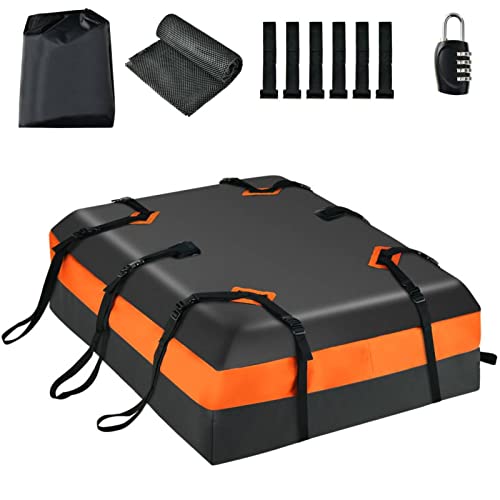 TANGZON 15/21 Cubic Feet Car Roof Bag, Waterproof Rooftop Cargo Carrier Bag with Straps & Non-Slip Mat, Roof Top Luggage Storage Box (15 Cubic Ft/424L with Combination Lock, Black+Orange)