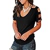 Jescakoo Women's T Shirts Solid Color Deep V Neck Tops Loose fit Blouses Black L