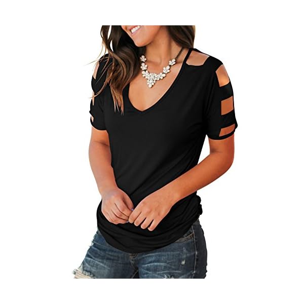 Jescakoo Women's T Shirts Solid Color Deep V Neck Tops Loose fit Blouses Black L
