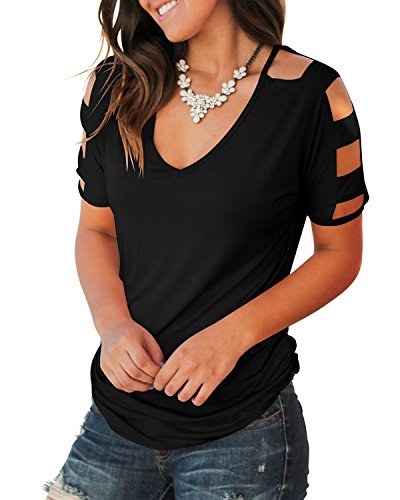 Jescakoo Women's Short Sleeve Cut Out Cold Shoulder Tops Deep V Neck T Shirts3