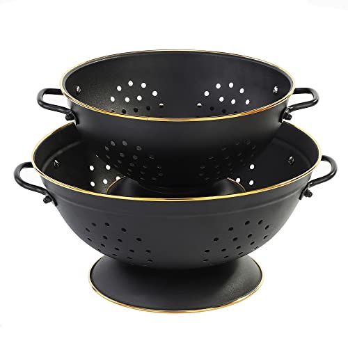 Metal Colander Set Of 2, Strainer Basket With Handles Perfect For Spaghetti, Pasta, Berry, Vegetable, Fruit, Solid Base Powder Coated Self-Draining Kitchen Colander Bowel, 3.5 & 5 Qt, Matte Black #TOP9
