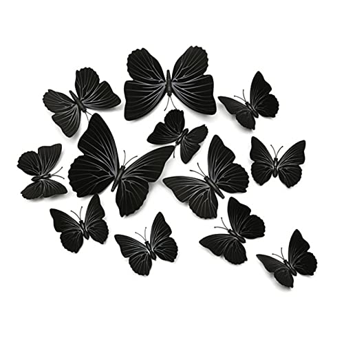 FuninCrea 3D Butterfly Wall Art Stickers - Waterproof Magnetic Simulation Decals With Tape - Removable Bedroom Decorations (Black, 12 Pieces)