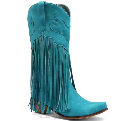 KISSASA Fringe Denim Cowgirl Boots Pointed Toe Mid Claf Cowboy Boots Chunky Stacked Heel Western Boots3