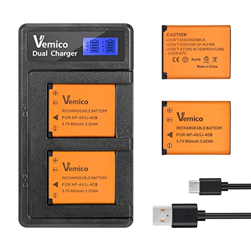 Vemico NP-45 Batterie Chargeur Kit 2x1200mAh Batterie de Remplacement LCD de Type C Chargeur Double pour Fujifilm INSTAX FinePix/XP50/60/70/80/90/120/XP130/XP140/T350/T360/T400/T500/T510/T550/JX520 Cover